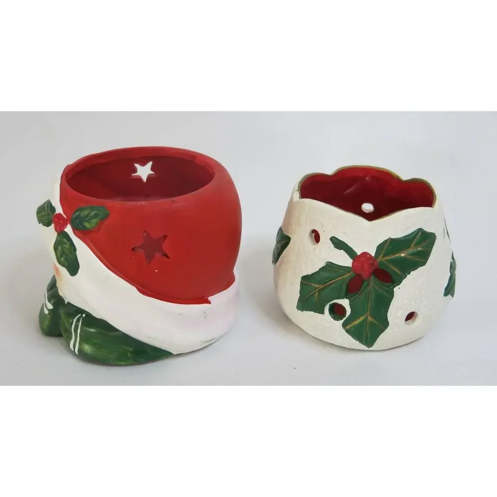 CHRISTMAS 2 Holiday Candle Holders Snowman Holly Berry Votive Winter Candles